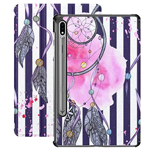 Funda Galaxy Tablet S7 Plus de 12,4 Pulgadas 2020 con Soporte para bolígrafo S, patrón de Plumas de atrapasueños, Acuarela, decoración Bohemia, Soporte Delgado, Funda Protectora Tipo Folio para Samsu