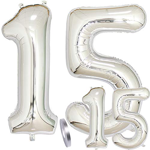 Globos numeros 15 cumpleaños XXL plata, número globo grande gigante de papel de helio en 2 tamaños 40"y 16" | Set XXL 100cm+ Mini 40cm cumpleaños decoración adornos ideal para de 15 años niño niñas