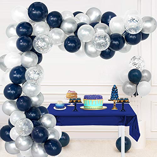 Guirnalda globos blanco azul marino, globos látex blanco azul marino, globos plateados metálicos, globos confeti plateados, herramienta para atar, tira de globos, puntos pegamento para boda cumpleaños