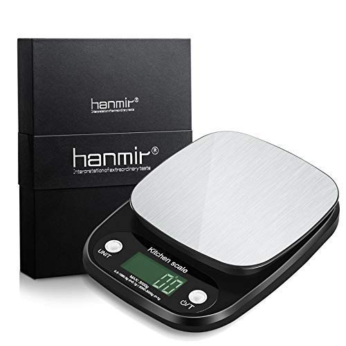 Hanmir Báscula Digital de Cocina Peso de Cocina 3 Kg/ 0.1g, Alta precisión, Acero Inoxidable, Pantalla LCD, balanza de Cocina, Negro(Baterías Incluidas)