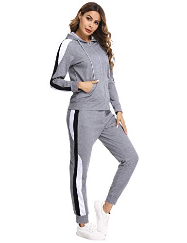 Hawiton Conjunto de Chándal para Mujer de Algodón Invierno, Conjunto de Sudadera Mujer Larga con Chaqueta y Pantalon para Fitness Jogger Tenis Tallas Grandes 2 Piezas, Gris, M