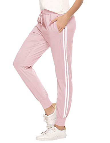 Hawiton Pantalones Deportivos para Mujer 100% Algodón Pantalón de Chándal con Bolsillos para Gimnasio Deportes Correr Entrenamiento Jogging Pantalones de Pijama Largos de Rayas