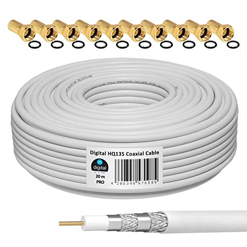 HB-DIGITAL 20m Cable Coaxial HQ-135 Cable de Antena 135dB Cable SAT 8K 4K UHD 4 Veces Apantallado Para Sistemas DVB-S / S2 DVB-C / C2 DVB-T / T2 DAB+ Radio BK +10 F-Plug GRATIS