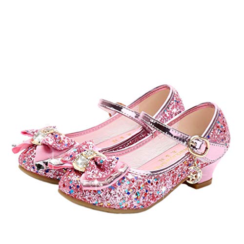 Holibanna Zapatos de Baile para niños Tacones de Gatito con Lentejuelas Brillantes Parte Superior Bailando Calabazas con Bowknot para niña Rosa 18.7cm