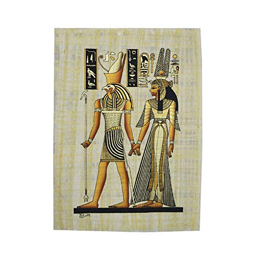 Horus con Nefertari sobre un Papiro Egipcio Original Hecho y Pintado a Mano en Egipto, Mide 33x43 cm Aprox, Ref. 53V-C