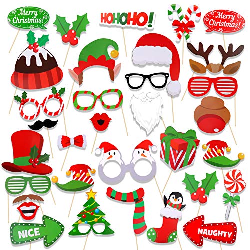 HOWAF Navidad Photo Booth Props, 32pcs Divertidas Mascarillas Selfies Fotos Booth Accesorios para Navidad Niños Adultos Juegos Artículos, Asta Elfo Sombrero Papá Noel Bigote Nariz Gafas Labios