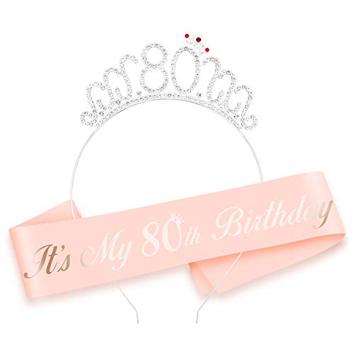 HOWAF Oro Rosa 80 cumpleaños Faja de satén cumpleaños Banda y 80 Diadema Tiara para Mujer 80 Años cumpleaños Fiesta de Decoración Accesorios Regalo Mujer