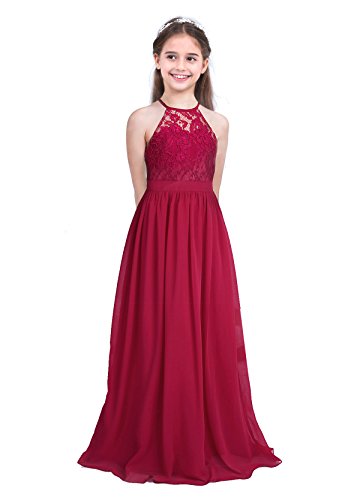 IEFIEL Niñas Vestido Princesa Largo de Fiesta Traje Elegante de Gasa Vestido Encage Floral de Cumpleaños Cuello Halter Vestido de Boda Dama de Honor Ropa de Ceremonia Bautizo Vino A 12 años