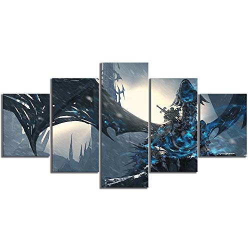 Impresiones sobre Lienzo 5 Panel Imprimir Cuadro Lienzo Pared Modernos Niños Cartel Decoración para El Hogar Póster Juego World Of Warcraft Wrath Of The Lich King DecoracióN NavideñA Cuadro/150X80CM