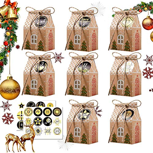 JOYUE 24 Calendario de Adviento, Calendario de Navidad, Cajas de Regalo Navidad con Adviento Pegatinas, Bolsa para Calendario de Adviento, Navidad Bolsas de Regalo, Cajas de Papel Kraft (Caja de casa)