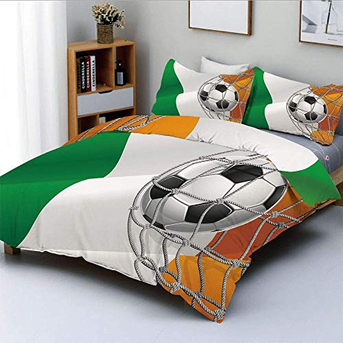 Juego de funda nórdica, balón de fútbol con tema deportivo en una red, objetivo con la bandera nacional de Irlanda Victory Win Juego de cama decorativo de 3 piezas con 2 fundas de almohada, multicolor