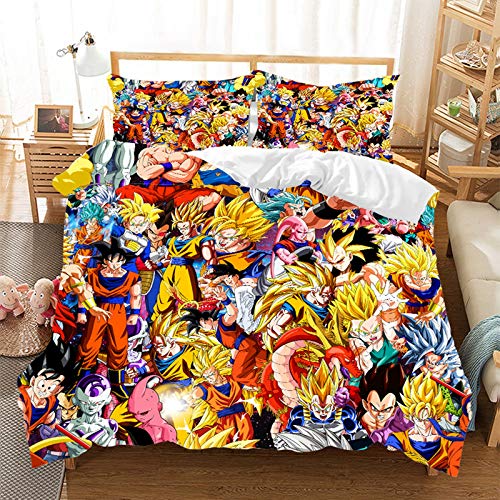 Juego de ropa de cama para niños con diseño de Dragon Ball, Super Manga, funda de edredón y funda de almohada, tamaño pequeño, super suave, microfibra, regalo para niños (220 x 240 cm)