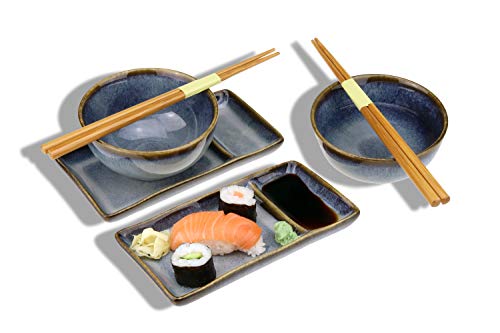 Juego de sushi Misaki para dos personas, 2 platos de sushi, 2 cuencos de cerámica, 2 pares de palillos de bambú...