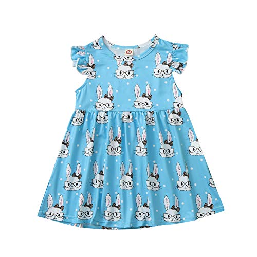 Julhold Vestido para niña con estampado de conejo con volantes de Pascua, lunares, manga voladora, ropa casual