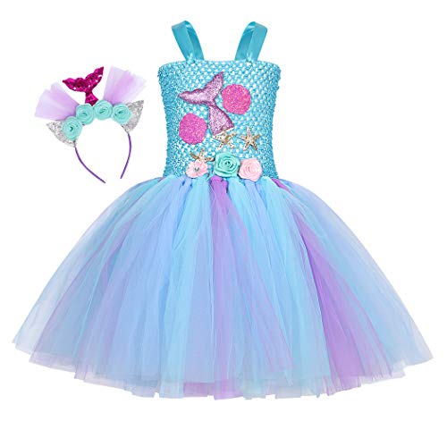 Jurebecia Disfraz Sirenita Princesa Sirena Fiesta de Disfraces Pequeña Niñas Vestido de Tutú Outfit con Accesorio Halloween Azul 6-7 Años