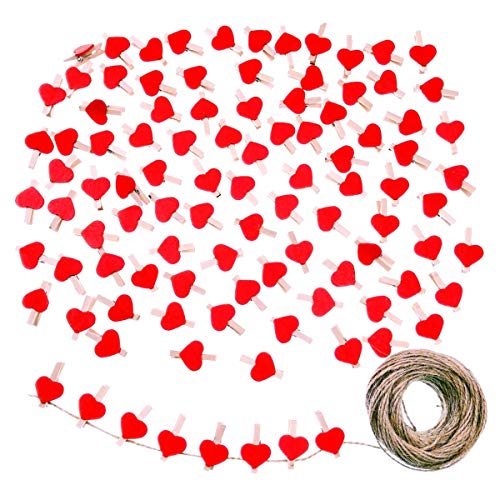 JZK 100 X Mini pinzas de foto de madera clips corazon rojo y 30m cordel de yute para fiesta de bodas foto titular de tarjeta de decoración y bricolaje artesanal