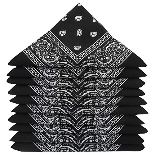 KARL LOVEN Lote de 10 bandanas 100% Algodon Paisley Panuelo Cabeza Cuello Bufanda (Juego de 10, Negro)