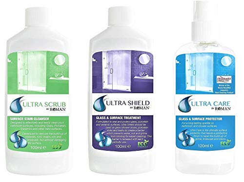 Kit de productos para quitar la cal de la mampara de ducha y aplicarle protección antical | Contiene 3 envases diferentes para aplicar por pasos