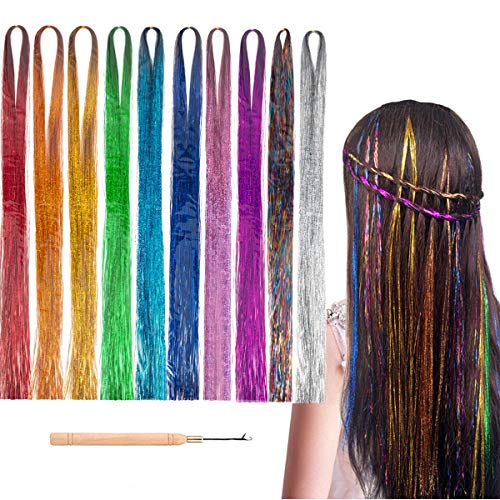 Kyerivs 6000 Hebras Piezas de Pelo de Oropel 10 Colores Brillante Hairpiece sintético Partido Hairpiece 47 Pulgadas de Extensión de Cabello de Oropel Brillante Multicolor Racha de Pelo