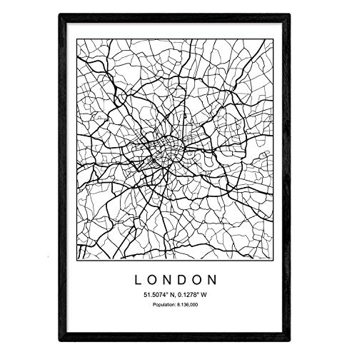 Lámina mapa de la ciudad London estilo nordico en blanco y negro. Poster tamaño A3 Enmarcado con marco negro Impreso papel 250 gr. Cuadros, láminas y posters para salon y dormitorio