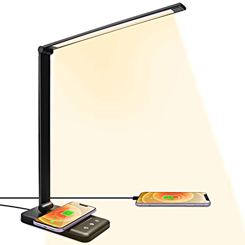 Lámpara de escritorio LED con cargador inalámbrico, 5 colores y 10 niveles de brillo, respetuosa con los ojos, conexión USB, lámpara de mesa para niños [Clase energética A++] (Negro)