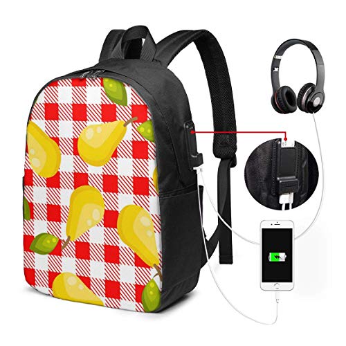 Lawenp Mochila USB Tartán Plaid con Peras Mochila sin Costuras para Viaje Escolar 17 Pulgadas