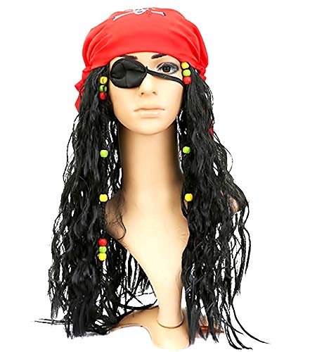 Lovelegis Pirate of The Caribbean Lot - Jack Sparrow - Peluca - Bandana - Parche en el Ojo - Disfraz - Adultos - niños - Halloween - Carnaval - Unisex - Idea de Regalo para cumpleaños