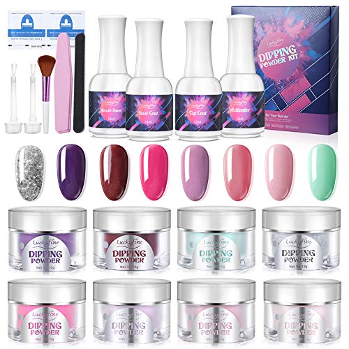 Luckyfine Polvo de Inmersión para Uñas 8 x 10g, Dipping Podwer Nail Kit, Polvo Acrílico para Uñas, Polvos y Líquidos para Uñas con 10 Almohadillas Removales