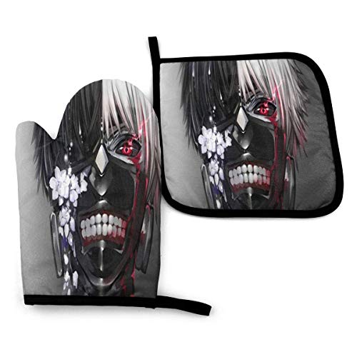 lymknumb Anime Tokyo Ghoul Oven Mitts and Pot Holders Sets Guantes para hornos Colgantes Soportes para ollas, para Cocina Antideslizante Resistente al Calor Barbacoa Cocción Hornear Parrilla Lavable