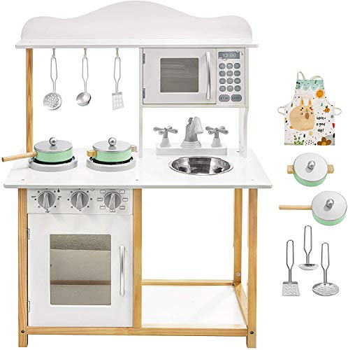 Mamabrum Cocina de Juguete Grande de Madera para Niños de 3 Años con Delantal de Chef, Accesorios y Utensilios de Cocina para Juegos de Rol, Juego de Imitación para Niños