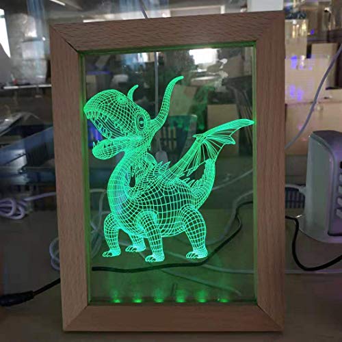 Marco de fotos 3d Luz de la noche Decorativo Dormitorio cálido Lámpara de mesa Led 3W Mullion Dragon Monocromo Luz verde