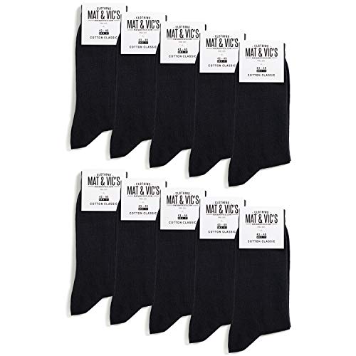 Mat & Vic’s Calcetines Clásicos de Vestir para Hombre y Mujer, Algodón, Certificado Oeko-Tex 100, cómodos (10 pares, negro, UK 12-15 / EU 47-50)