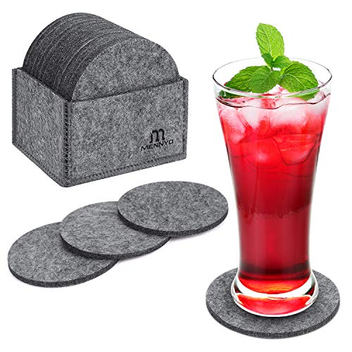 MENNYO Posavasos Originales, Juego de 14 Posavasos de Fieltro con Caja, Posavasos para Regalo Antideslizante Protección de Mesa Coasters para Bebidas frías y Calientes, Café, Vasos, Tazas