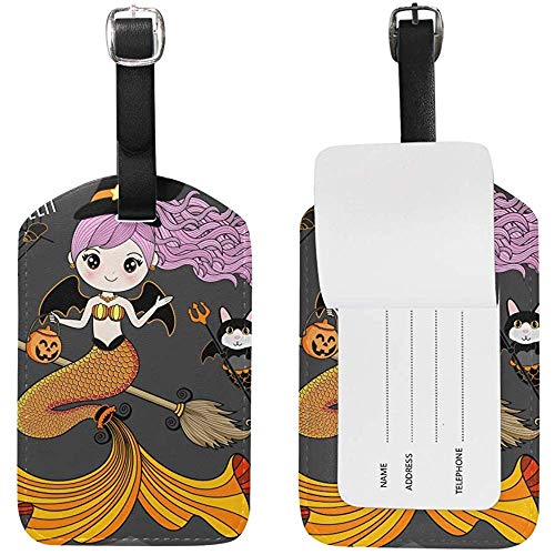 Mermaid Witch Halloween Etiqueta de Equipaje Etiqueta de identificación de Viaje Cuero para Maleta de Equipaje 2 Piezas