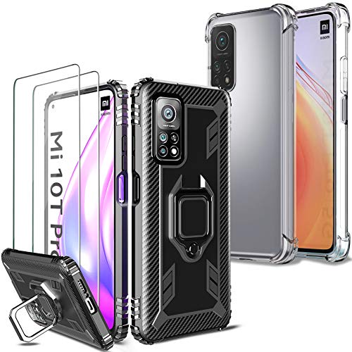 Milomdoi [4 Articulos] 2 Funda +2 Packs Cristal Templado para Xiaomi Mi 10T/Mi 10T Pro 5G, [2 Style Case][Grado Militar Anti-Caída] Soporte Giratorio de 360°Grados con Anillo Dedo TPU Silicona