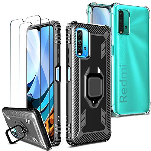 Milomdoi [4 Articulos] 2 Funda +2 Packs Cristal Templado para Xiaomi Redmi 9T, [2 Styles Case] [Grado Militar Anti-Caída] Soporte Giratorio de 360°Grados con Anillo para Redmi 9T