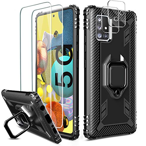 Milomdoi [Funda y 2 Unidades] Funda para Samsung Galaxy A51 5G + 2 Unidades Protectore Pantalla Cristal Templado HD, Carcasa con 360 Grados Anillo iman Soporte y Silicona TPU Anti Caída Case-Negro