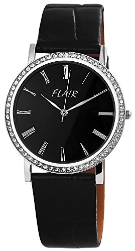 Mujer Analog Reloj de pulsera con mecanismo de cuarzo 100721000006 y pulsera de cuero En Negro Con Hebilla Esfera de Color Negro banda total longitud 23 cm pulsera ancho 20 mm