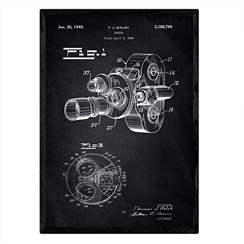 Nacnic Poster con patente de Camara de fotos 8 milimetros. Lámina con diseño de patente antigua en tamaño A3 y con fondo negro