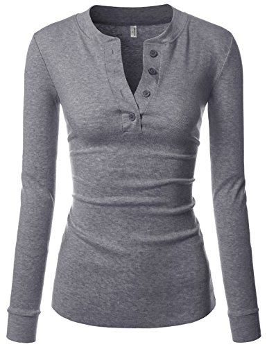 NEARKIN Womens Slim Cut característica Dobladillo diseño Camiseta de Manga Larga - Gris -