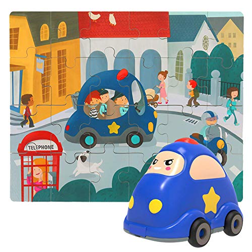Nene Toys - Puzzle in Legno per Bambini + Auto Giocattolo per Bambini e Bambine da 2 a 6 Anni – Gioco Educativo e Didattico 2 in 1 per Lo Sviluppo Cognitivo di Bambini in età Prescolare [Polizia]