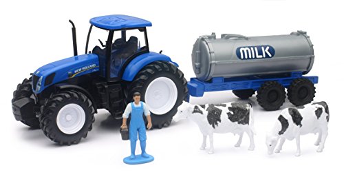 New Ray – Tractor New Holland t7.270 + Cisterna a Leche con 1 Personaje y 2 Vacas, 05523 a, Verde