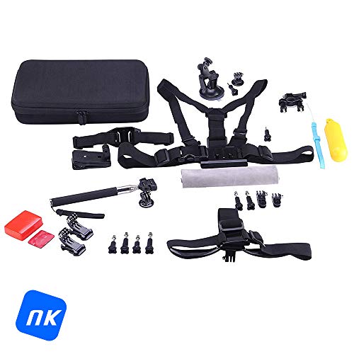 NK-KA3100-FO, Kit de Accesorios para Cámara de Acción 44 en 1, Estuche de Transporte, Soporte Manillar y Ventosa, Palo Selfie, Soporte de Mano, Cabeza y Hebilla, Flotador de Esponja, Adhesivos 3M