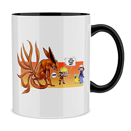 OKIWOKI Taza con asa Negra e Interior Negro Parodia de Naruto - Pokémon - Kyubi, Pikachu y Ash Ketchum (Taza de Primera Calidad - Impresa en Francia - Réf : 751)