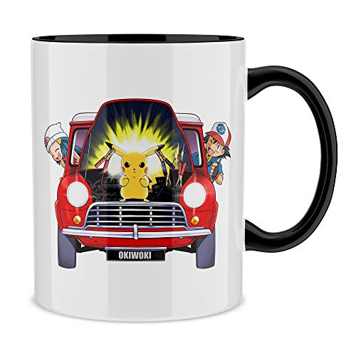 OKIWOKI Taza con asa Negra e Interior Negro Parodia de Pokémon - Pikachu, Ash y Down (Taza de Primera Calidad - Impresa en Francia - Réf : 628)