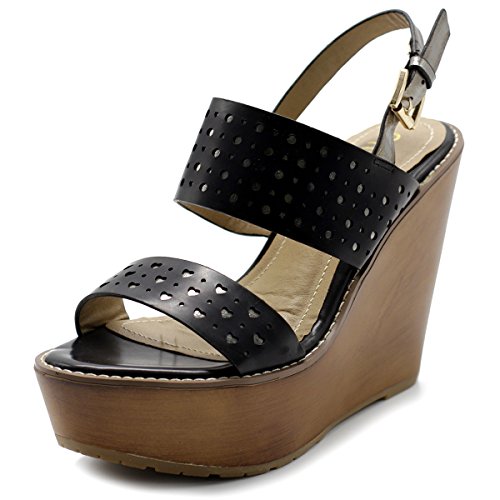 Ollio Womens Shoe metálico Cutout bruñido cuña Sandalias de tacón