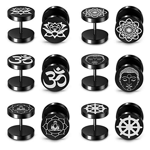 PiercingJak Juego de 6 pares de pendientes de acero inoxidable para la oreja, piercing falso, OM, flor de loto, asiento de loto, buda, falun, cabeza de Buda, falsa, dilatación, unisex, diseño punk