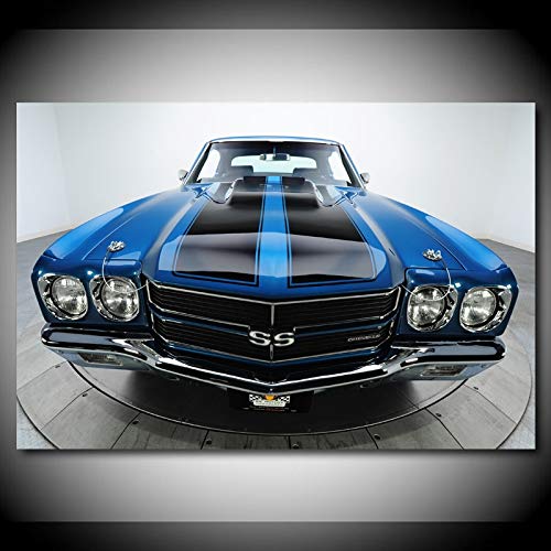 Pintura al óleo póster Clásico coche Chevelles SS azul Muscle Car carteles de vehículos impresiones artísticas de pared modernas para decoración de sala de estar 50x70cm