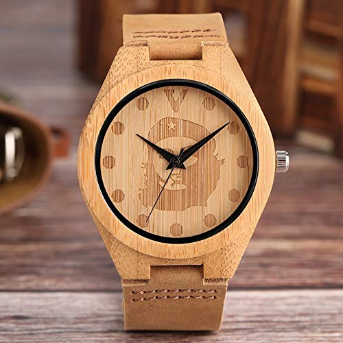 PLUIEX Reloj de Madera Reloj para Hombre con Cara de Pirata, Reloj de Madera de bambú Natural, Reloj de Pulsera de Cuero Informal de Cuarzo para Hombre, Relojes Deportivos para Hombre