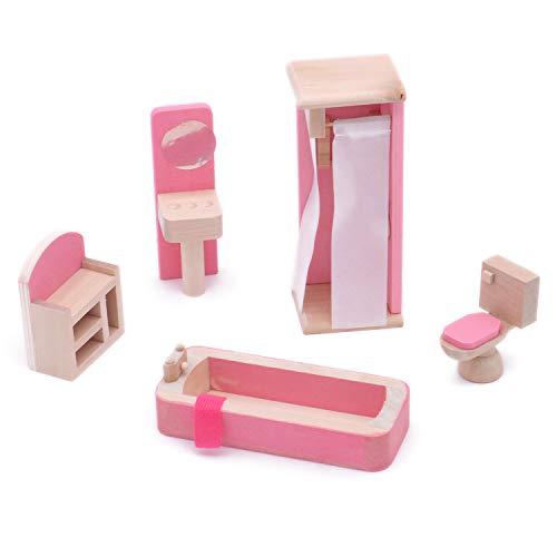 POFET Juego de Muebles de casa de muñecas de Madera para bebés, niños, niños, baño, Ducha, Inodoro, Espejo, Armario, baño